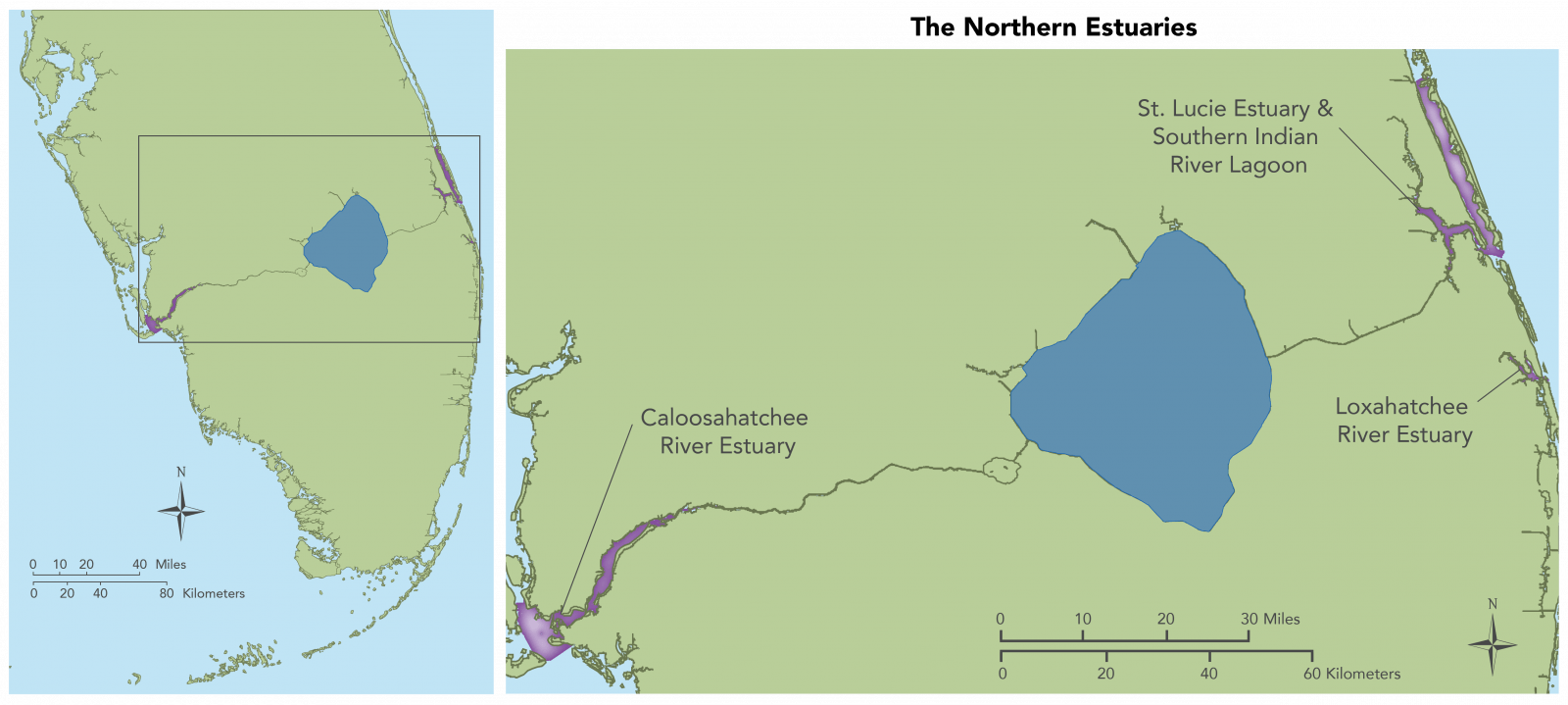  Map showing long view and detail view of the Northenr Estuaries. This includes the Caloosahatchee River Estuary, the St. Lucie Estuary and Southern Indian River Lagoon, and the Loxahatchee River Estuary